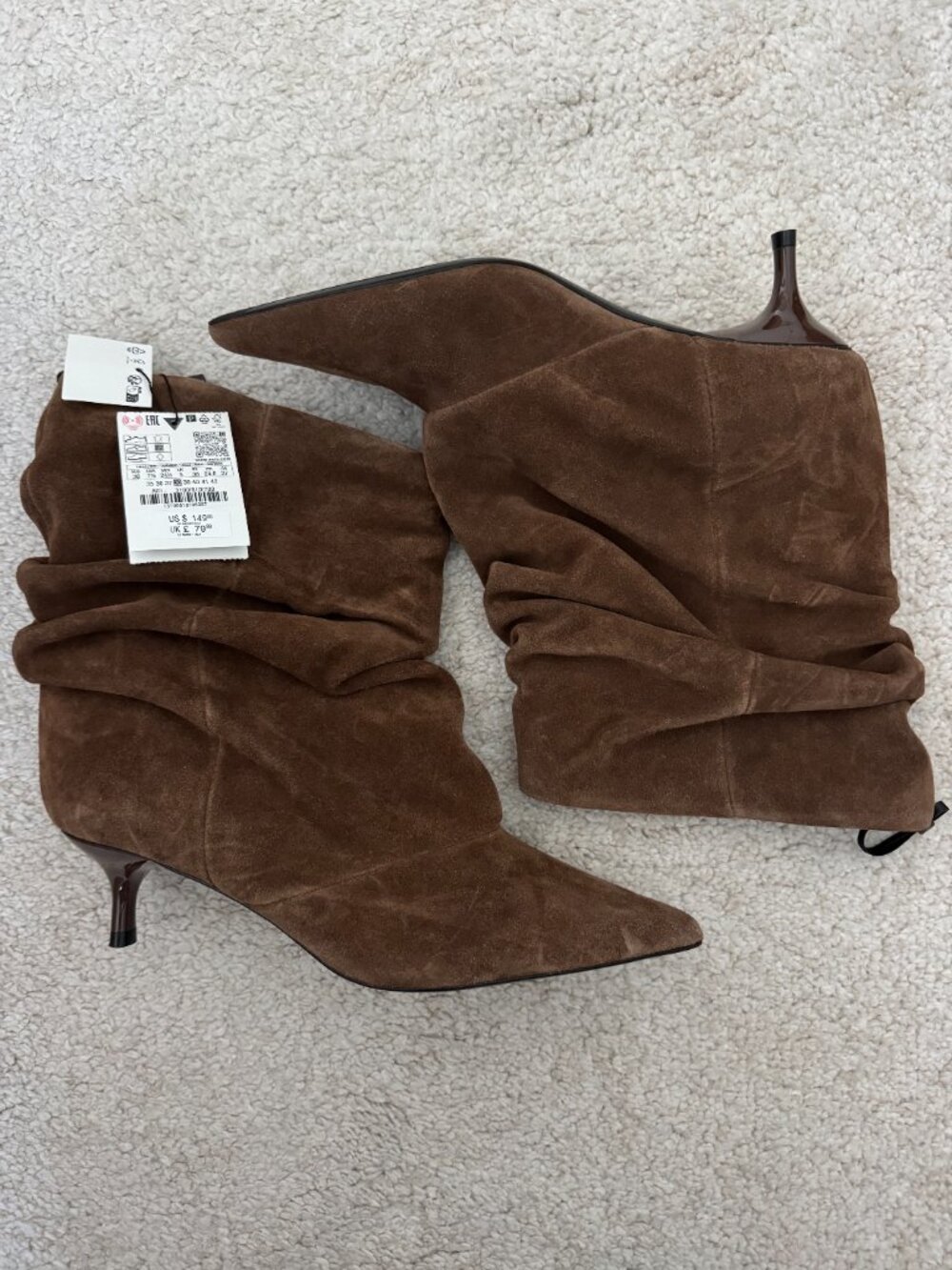 Zara Ruched Split Leather Ankle Boots | Dark Tan Brown | Kitten Heel | NWT - Picture 11 of 15